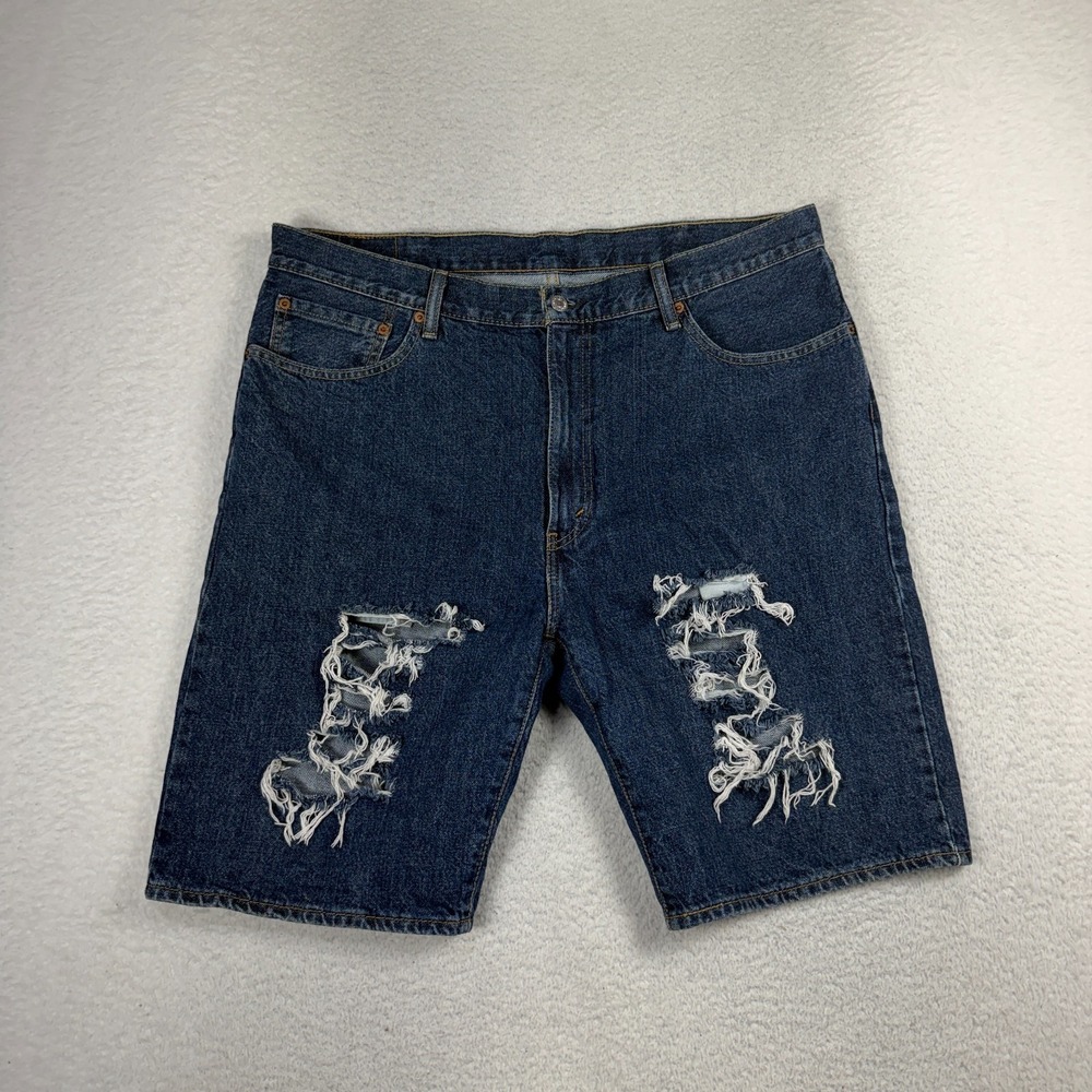 Levis 505 Men Jeans Shorts 40 Blue Denim Med Wash Regular Fit Distressed 39.5x10